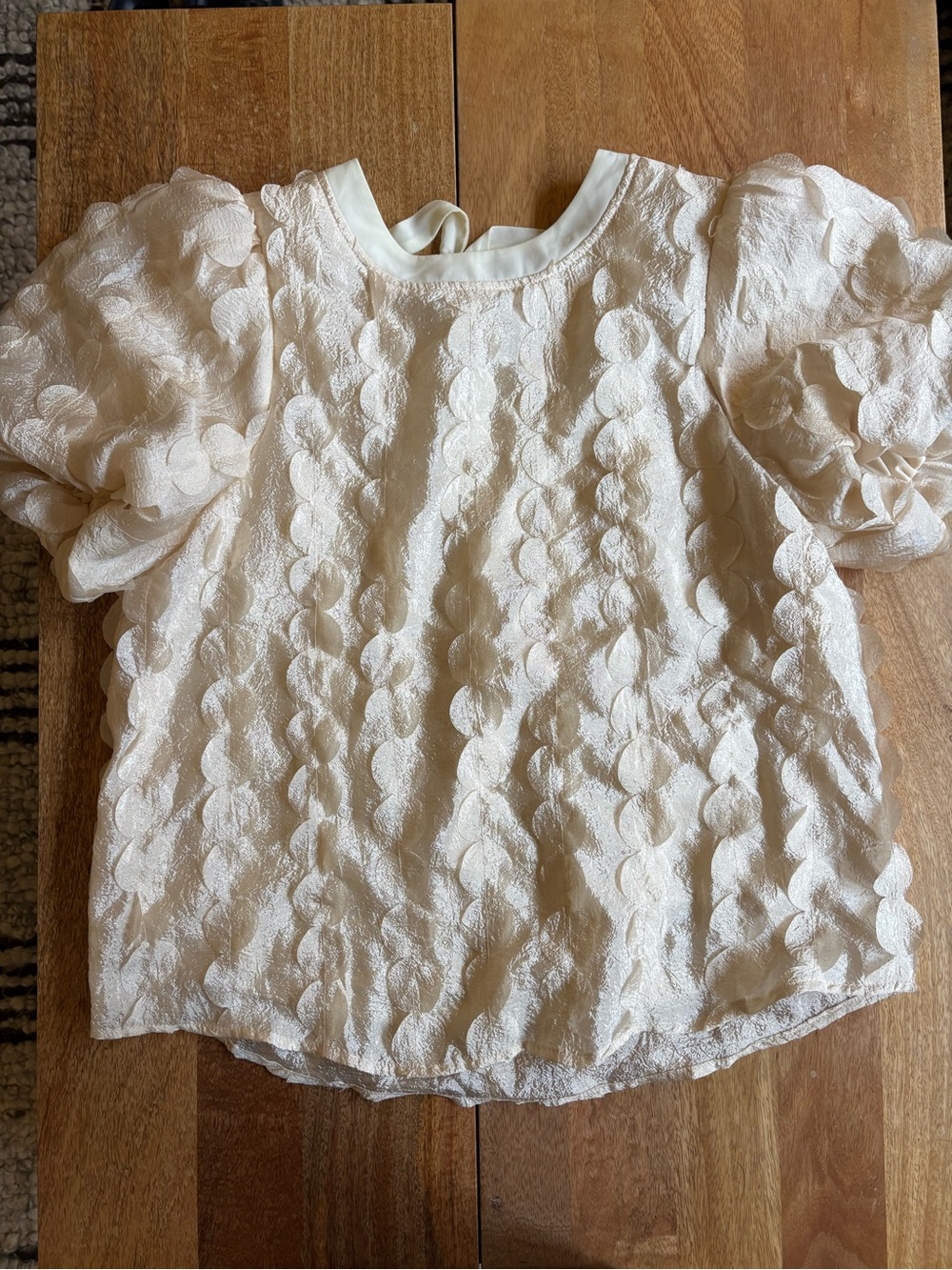 Women's Cream Voy Puff-Sleeve Textured Blouse with bow and circle detail